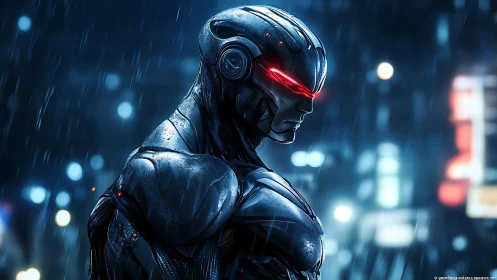 Steely cybernetic warrior scans a neon city in cold rain