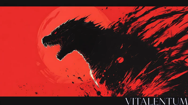 Silhouette of giant roaring monster against red moon