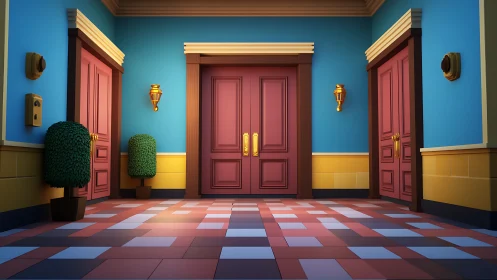 Whimsical hallway of crimson doors in storybook symmetry.