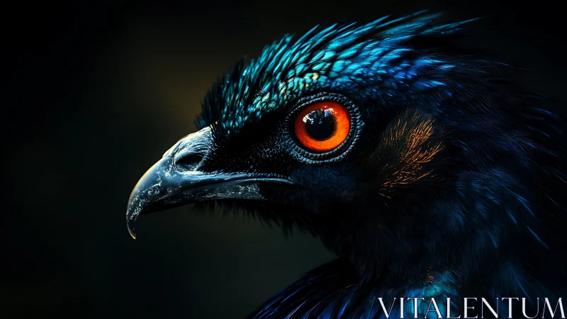 Striking Portrait of Exotic Bird with Vibrant Orange Eye in Dark Art Style.