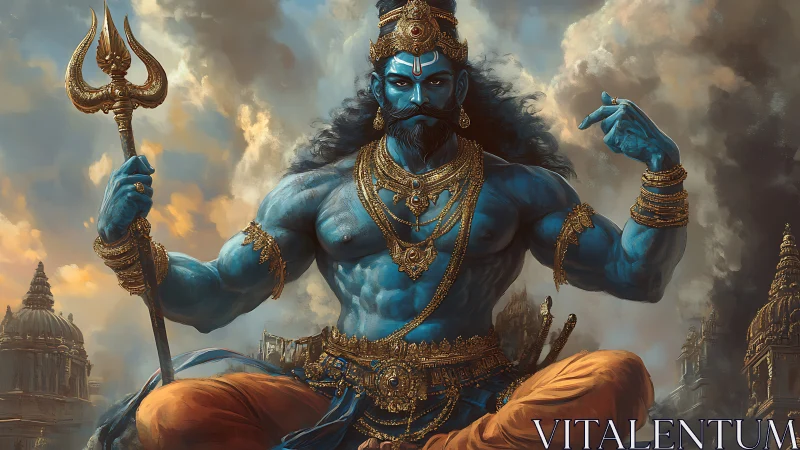 Divine blue warrior deity in ornate mythic digital painting.