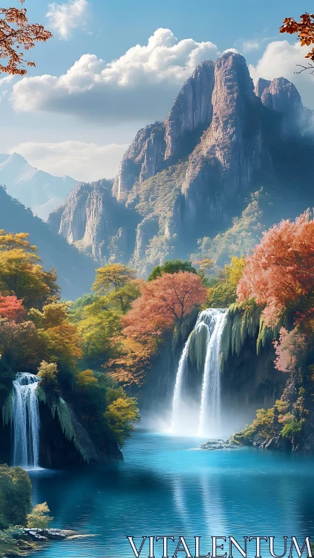 Autumnal twin waterfalls in turquoise mountain lake landscape