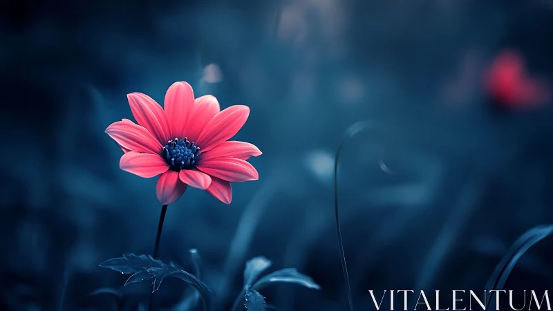Pink Daisy Bloom Against Teal Bokeh Background.