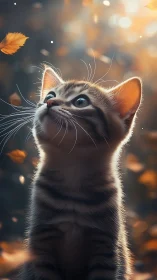 Kitten gazing upward catches golden autumn leaf in soft-focus bokeh environment