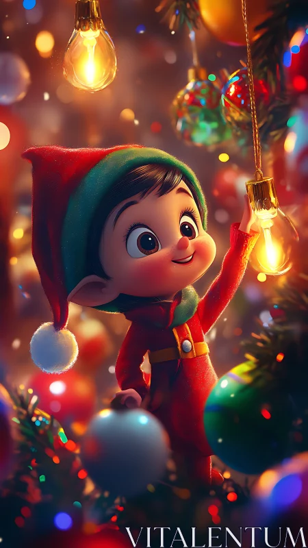 Cheerful Christmas elf lights up a glowing festive tree