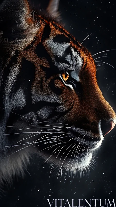 Tiger head rendered in close-up side profile with sharp detail