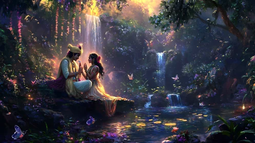 Divine lovers beside luminous waterfall in enchanted forest.