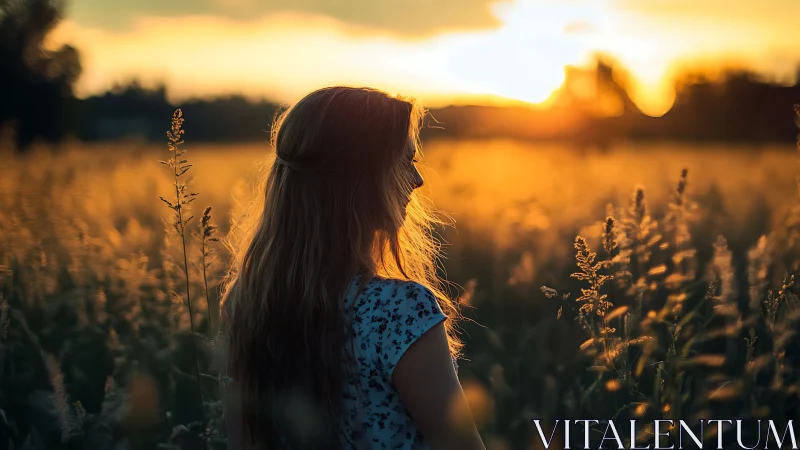 Woman in Meadow at Sunset, Warm Backlit Photography Style.
