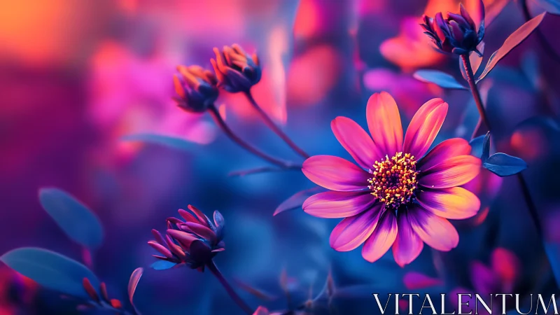 Neon Glow Daisy: Vibrant Pink Flower in Purple Light.