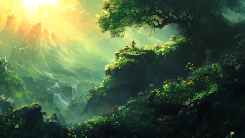 Fantasy Valley Landscape with Mountain Peak and Glowing Sunlight.