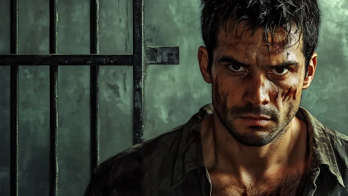 Photorealistic portrait of scarred prisoner in harsh side light.