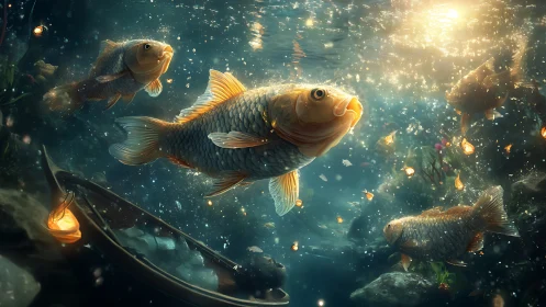 Golden koi drifting through luminous underwater lights.