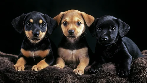 Three small puppies sitting on dark fur blanket together.