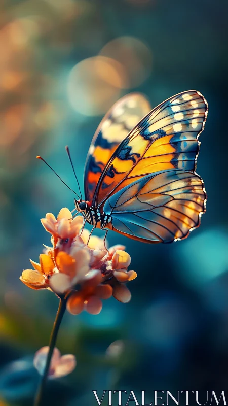 Vibrant orange butterfly perched on soft pastel wildflower.