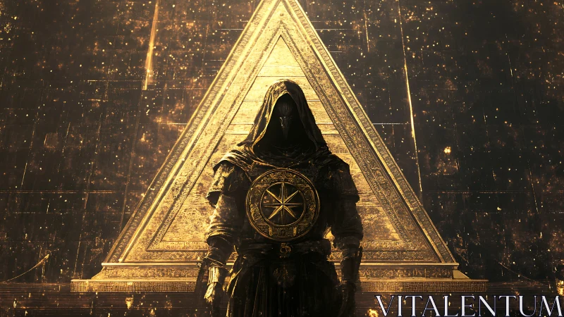 Hooded guardian stands before a glowing golden pyramid gateway