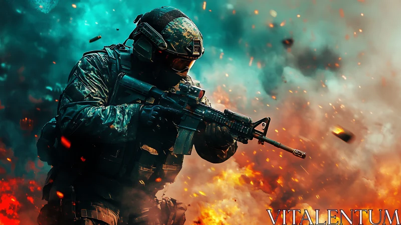 Stormlit soldier cuts through neon fire and thunderous smoke