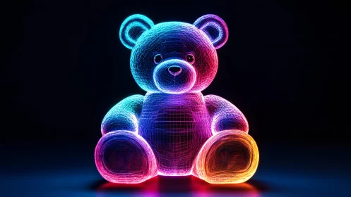 Neon Wireframe Teddy Bear in Futuristic Digital Art Style.