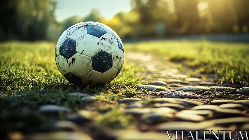 Weathered soccer ball on grass beside sunlit stone path.