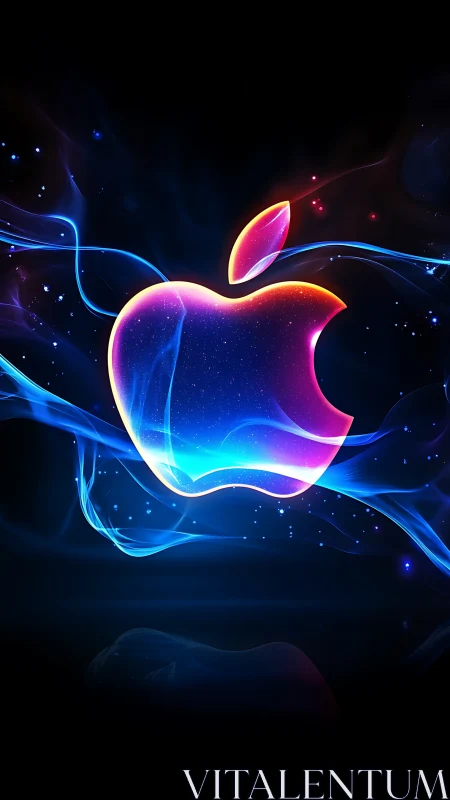 Glowing neon apple logo wrapped in swirling cosmic light.