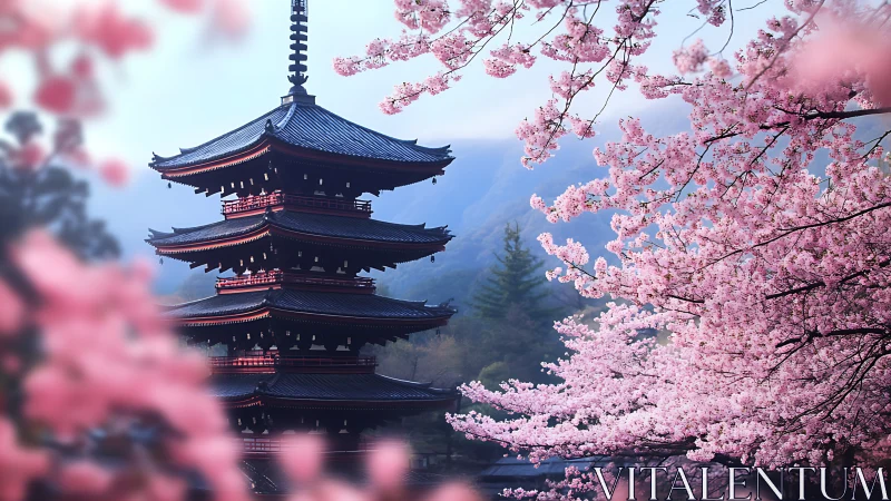 Tiered pagoda framed by dense cherry blossom bokeh field.