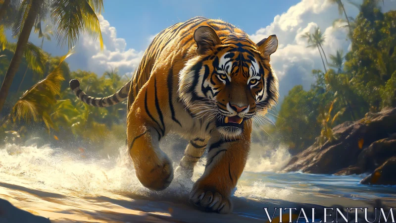 Hyperreal tiger charging through tropical surf in golden light
