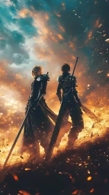Digital painting of dual swordsmen in cinematic inferno field.
