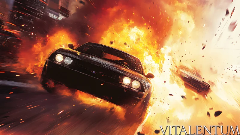 Black muscle car in mid-turn beside large urban explosion.