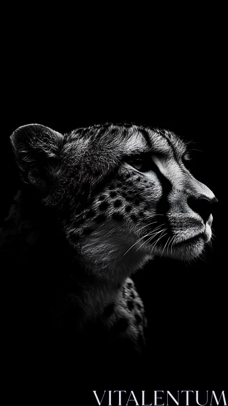 Cheetah profile portrait in stark black and white light.