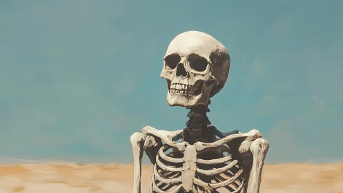 Human skeleton standing in a bright empty desert scene.