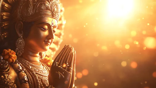 Golden Hindu deity statue in radiant prayerful sunlight.