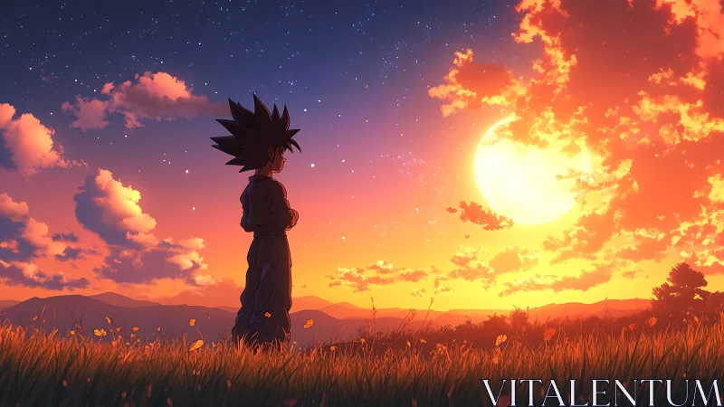 Celestial sunset field with silhouetted spiky-haired figure profile.