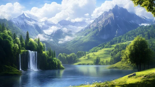 High alpine lake with tiered waterfall and sunlit conifer slopes.