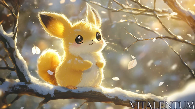 Golden fox-like creature basks on snowy branch at sunrise