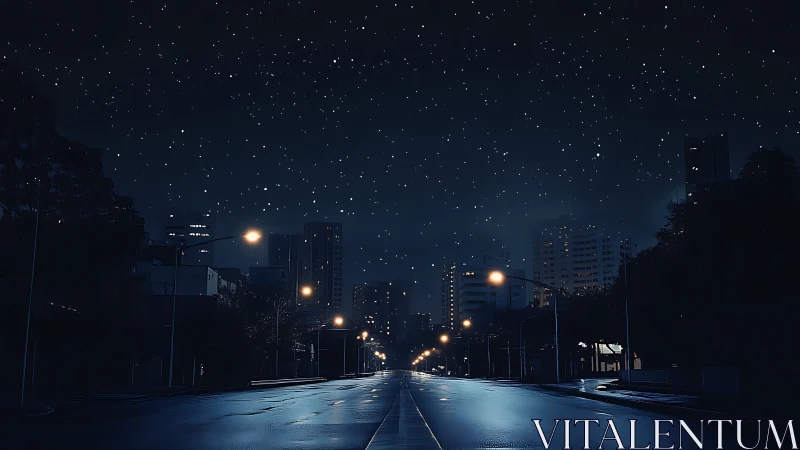 Quiet starlit city street glowing softly under midnight sky.