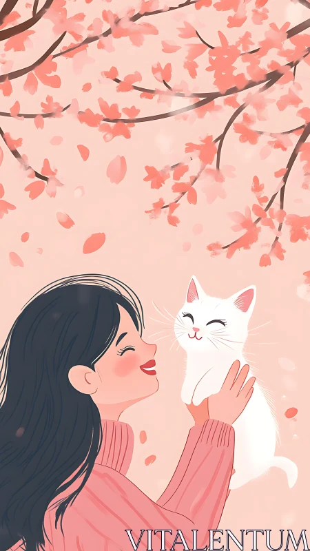 Woman and White Cat Under Cherry Blossoms.