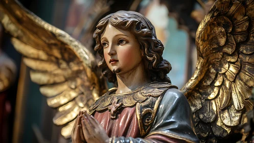 Baroque angel statue in prayer bathed in warm sanctuary light.