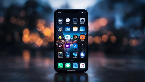 iPhone home screen with app icons against blurred urban background