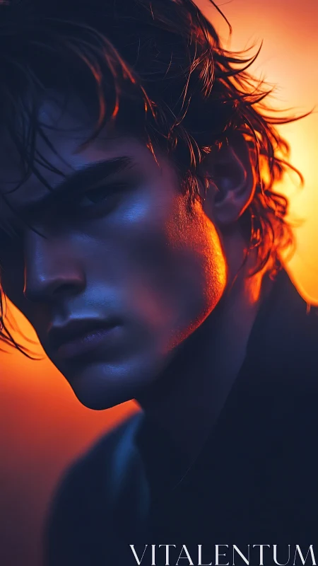 Cinematic male portrait in dual-tone orange and blue lighting