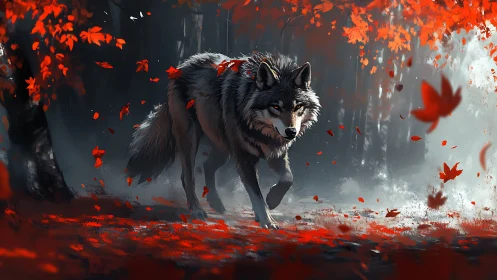 Emberleaf wolf prowls through crimson-drenched forest dusk.