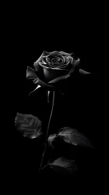 Monochrome close-up of single rose on black background.