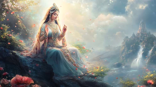 Graceful goddess rests by waterfalls in a dreamy sky realm