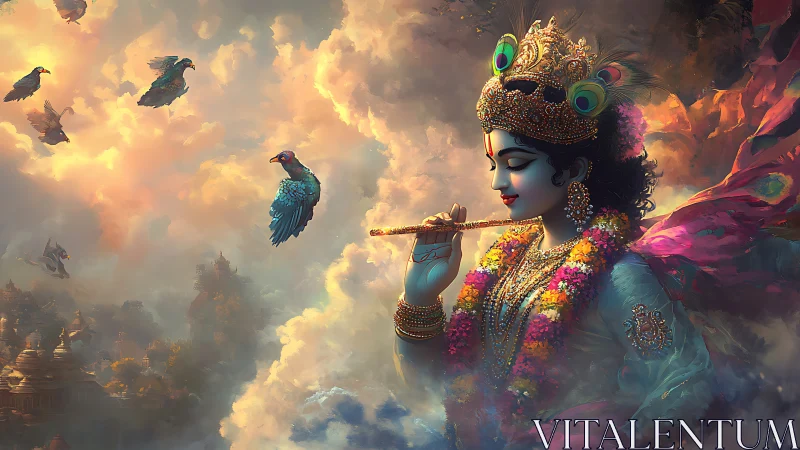 Divine flute player amid luminous clouds and sacred birds.