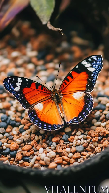 Orange butterfly resting on multicolored pebbled ground.