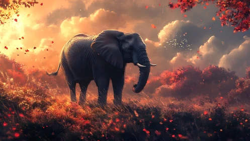 Gentle elephant wandering through a glowing autumn dream.