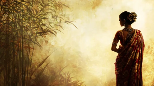 Graceful woman in red sari framed by golden forest light.