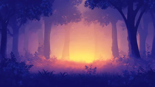 Enchanted Forest Sunrise with Golden Light Through Ancient Trees.