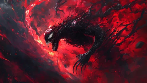 Symbiotic creature emerges from red chaos with dynamic motion blur