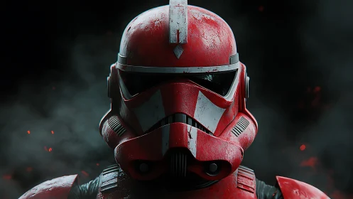 High-detail red combat helmet render with cinematic lighting.