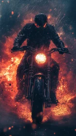 Flaming motorcycle rider charges through storming night rain.