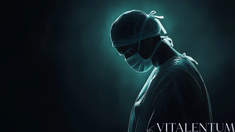 Backlit surgeon silhouette in teal rim lighting, introspective pose